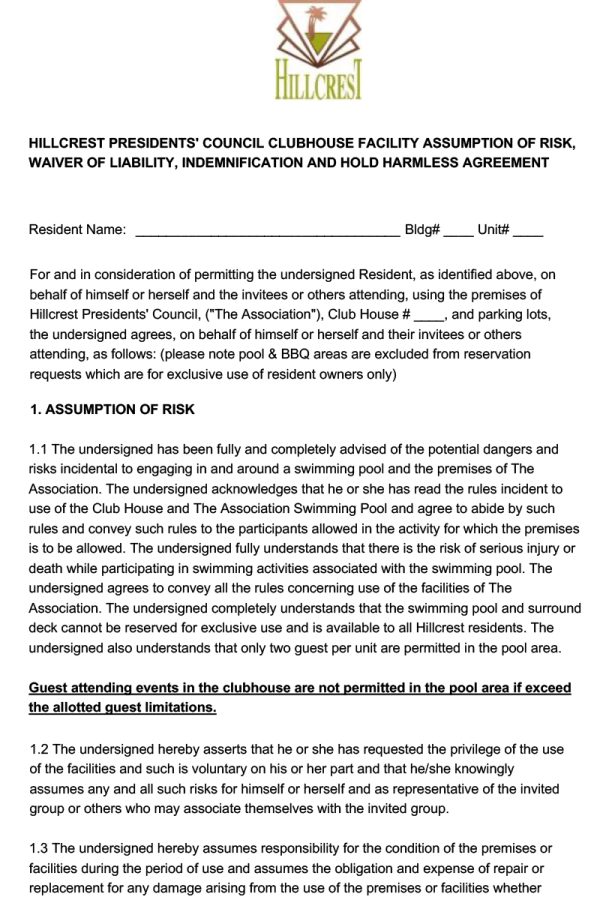 Clubhouse Rules and Waiver Form